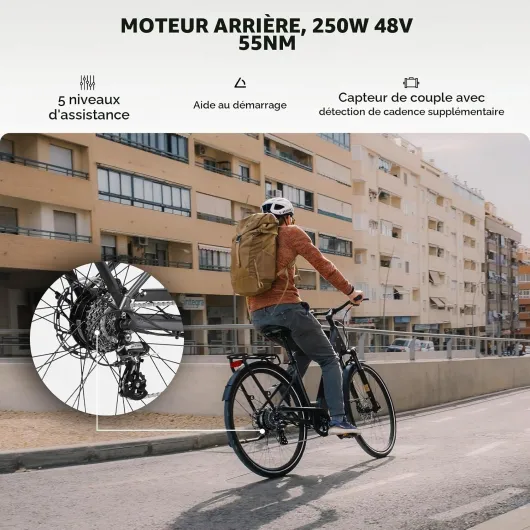 DERUIZ Vélo électrique à quartz 28" pour adultes, vélo de ville homme et femme avec batterie 48 V 13,4 Ah, portée maximale 161 km, freins hydrauliques, capteur de couple, vélo électrique avec