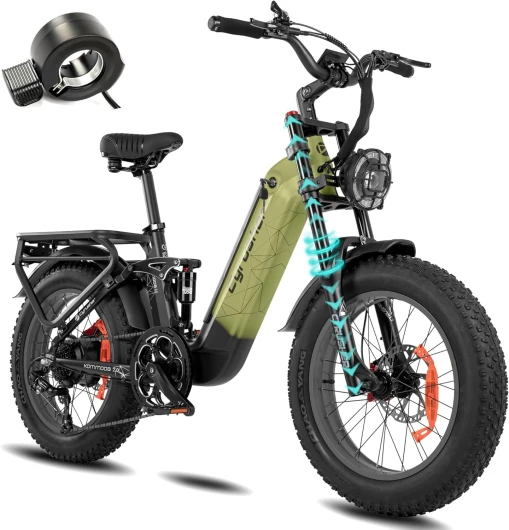 Vélo Électrique Kommoda 3.0 20Pouces, 250W 25km/h 48V 20Ah 120km Fat Ebike, Suspension à Air, Freins à Disque Doubles, Shi-Mano 7 Vitesses Vert, Autonomie 120km 48V20Ah Kommoda3.0 aucun permis requis