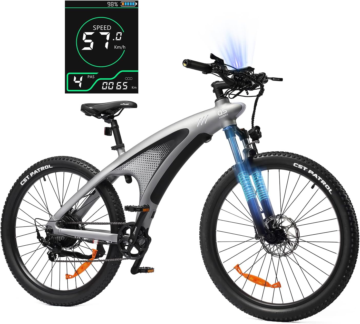 HX Q5 Vélo Électrique pour Adultes, E Bike 27,5 * 2,25'' Tout-Terrain, Jusqu'à 120km, 48V 20Ah Batterie Amovible, Shimano 7 Vitesses, VTT Électrique Homme Femme Fourche Suspendue, Freins Hydrauliques Gris - 1 batterie