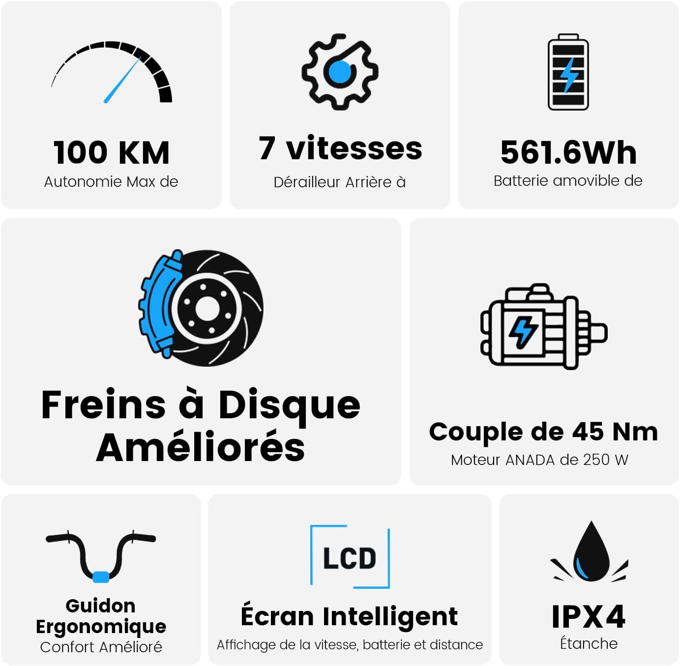 Junglor Vélo Électrique 27,5", Moteur 250W, Batterie 36 V 15,6 Ah Amovible, Autonomie Jusqu’à 100 km, 7 Vitesses, Écran LCD, Assistance 25 km/h, Charge Max 120 kg, Modèle Mixte E-Bike Noir