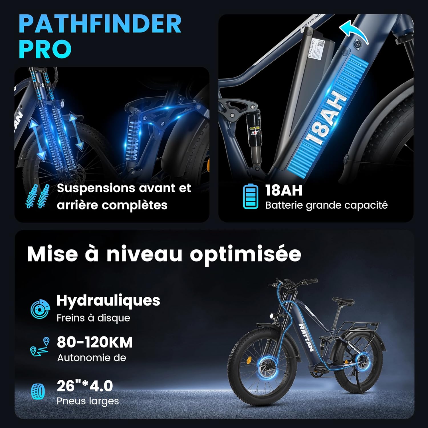 Pathfinder Pro Vélo Électrique 26" Fat Bike Adulte, Batterie 48V 18AH, Autonomie 120km, Freins & Suspension Hydraulique, Vélo électrique Homme Femme, 7 Vitesses Gris Pathfinder-Pro