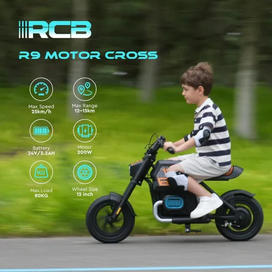 R9 Moto Electrique pour Enfant avec Haut-pareur, Modes de Vitesse 10/15/25 KMH & Autonomie 15 KM, Lamps D'ambiance, 12" Moto Cross pour Enfants de 6+ Noir
