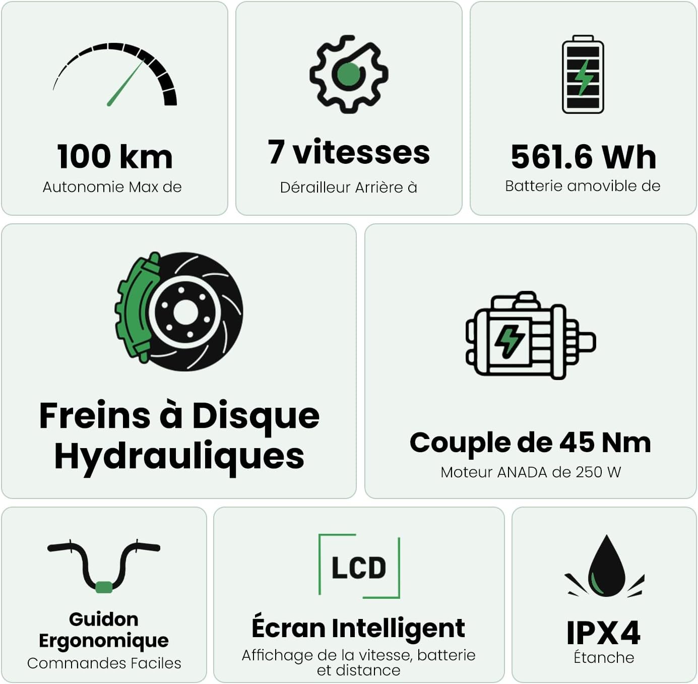 Vélo Électrique 27,5", Moteur 250W, Batterie Amovible 36V 15,6Ah Jusqu’à 100 km d’Autonomie, 7 Vitesses, Freins à Disque Hydrauliques, Écran LCD, Assistance 25 km/h, Modèle Mixte E-Bike Vert