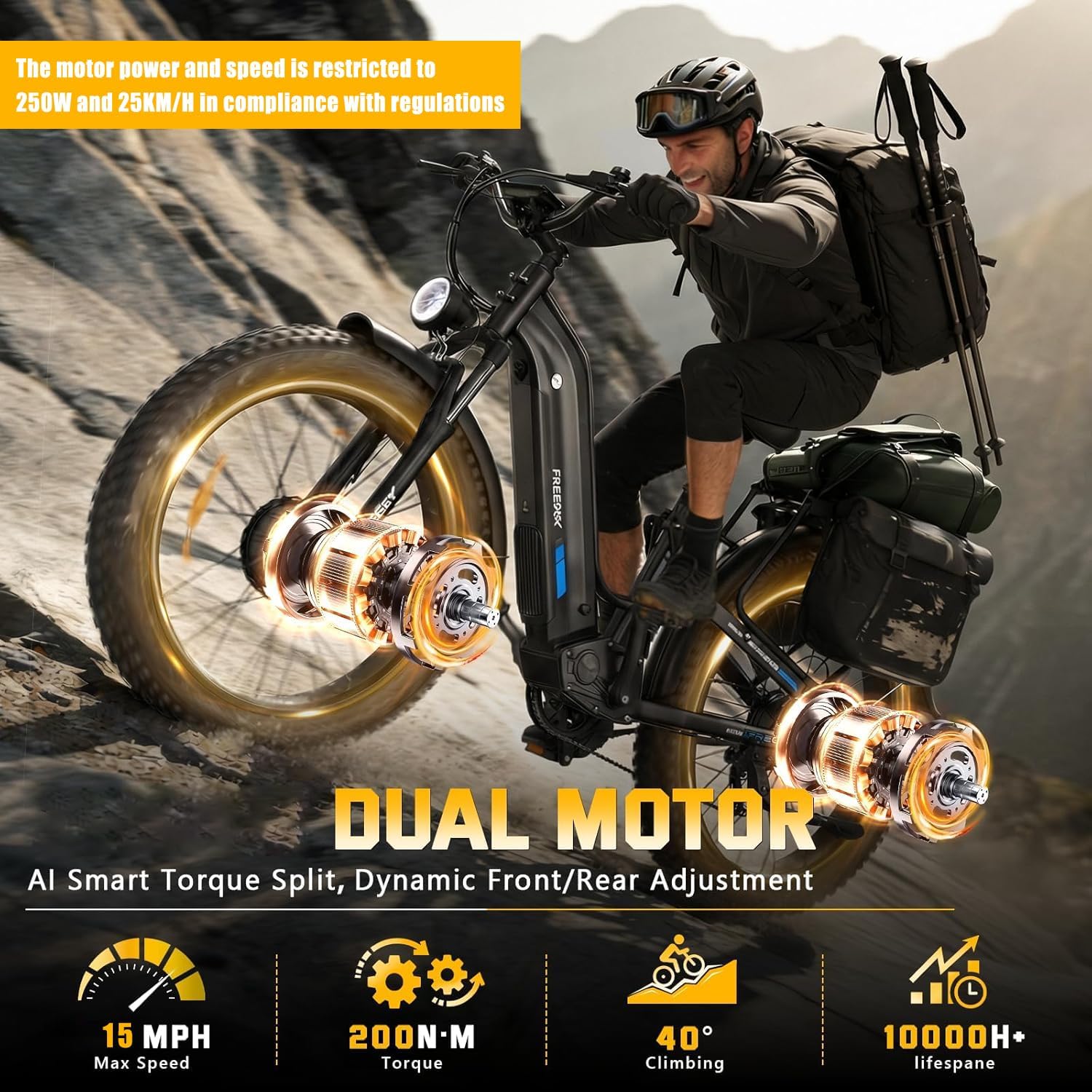 FREESKY Ranger Air Vélo Électrique à Double Moteur pour Adultes, eBike Rapide 200Nm Longue Autonomie 170km VTT Électrique Batterie 48V 25Ah, Fat Bike à Pneus Larges 26" avec Freins Hydrauliques Men Vert La norme