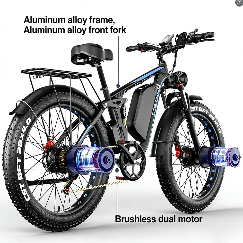 EB7Pro Vélo électrique pour adulte Double moteur 52 V 23 Ah Batterie Li-Ion Freins à disque hydrauliques 66 pouces Fat Tire VTT électrique tout terrain