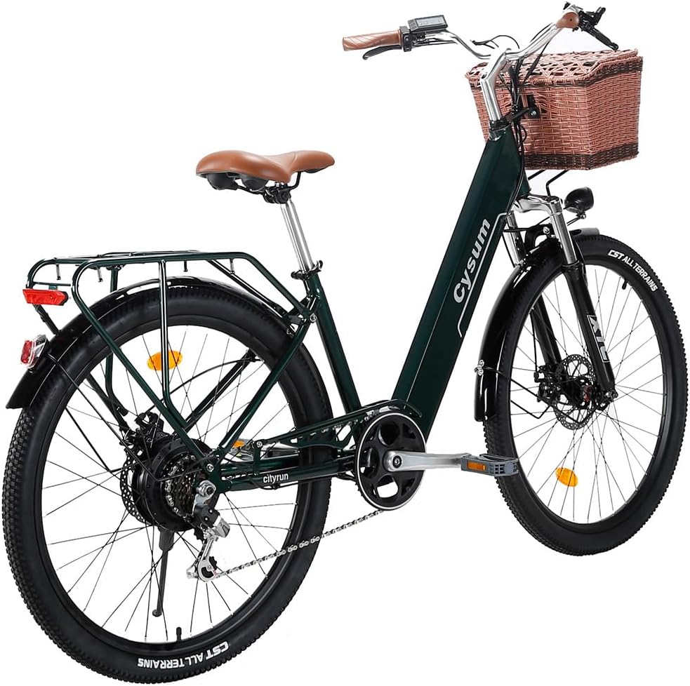 Cysum Cityrun Vélo électrique, City E-Bike Femme et Homme, 26 Pouces Pedal Assist vélo électrique, Batterie 36 V 10 Ah, autonomie 80 km, Moteur 250 W, Max 25 km/h Vert