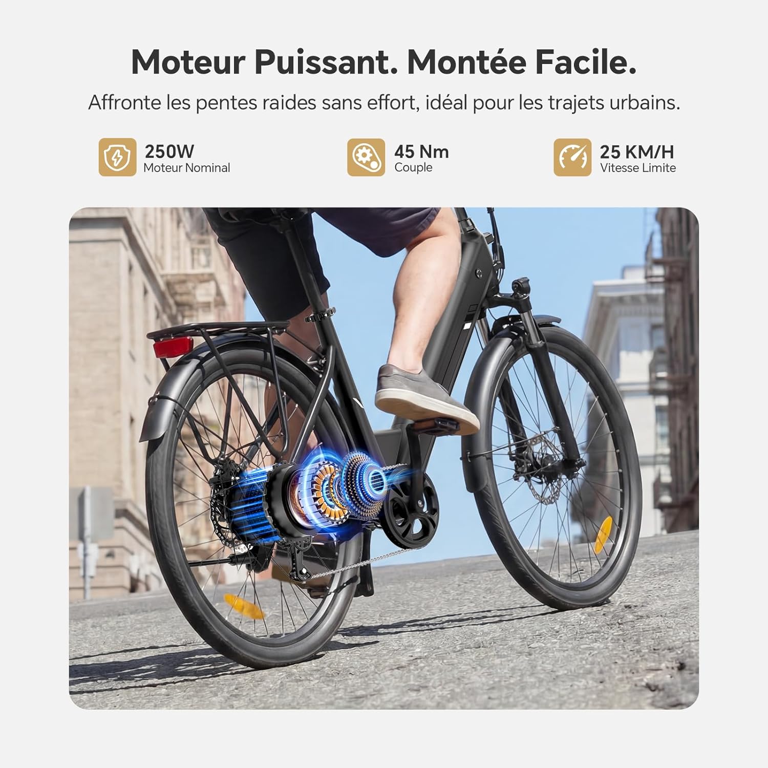 J2 St Pro Vélo Électrique Ville, Moteur 250W 45Nm, Batterie 561Wh, Autonomie 100KM, Freins Hydrauliques, 7 Vitesses, 26" VTC Electrique Homme Femme