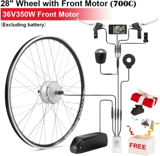 28''(700C) E-Bike Kit de Conversion 36V 250W Moteur de Moyeu Avant à Engrenages sans Balai, adapté pour Roue Avant, avec Feu Avant, L'écran LCD, Capteur de Pédale