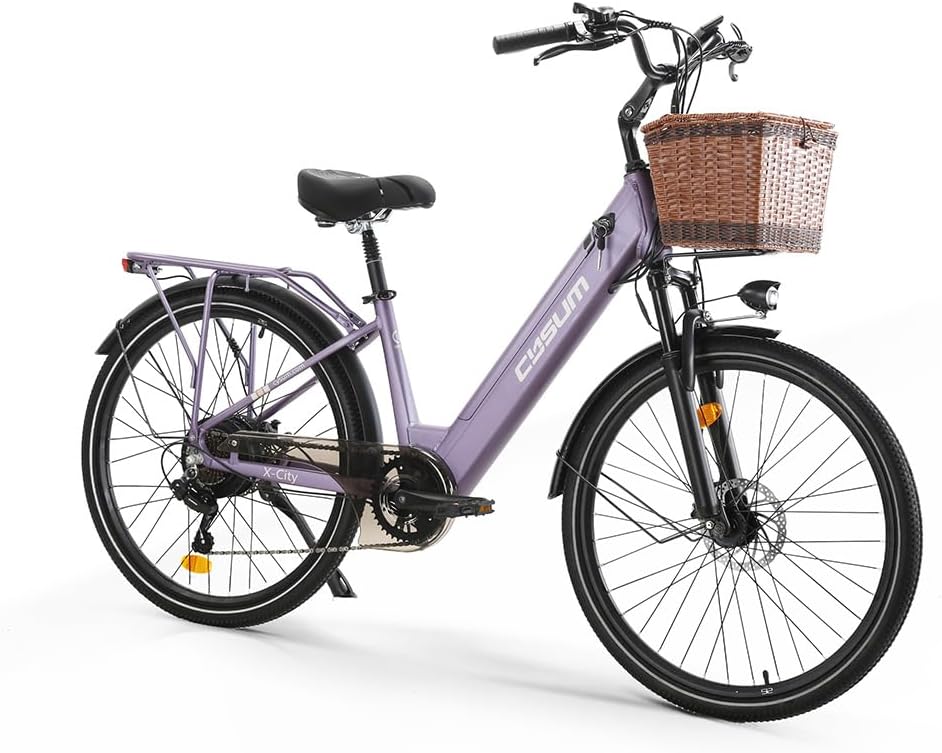 Cysum X-City Vélo électrique Femme, 26 Pouces Step-Thru vélo électrique, Batterie Amovible 48v 10.4AH, Urbain E-Bike pour Adultes, Assistance au pédalage, 7 Vitesses Violet