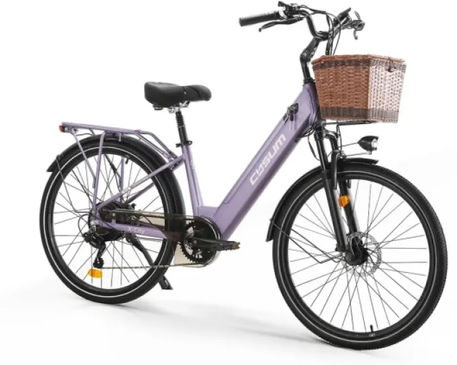 Cysum X-City Vélo électrique Femme, 26 Pouces Step-Thru vélo électrique, Batterie Amovible 48v 10.4AH, Urbain E-Bike pour Adultes, Assistance au pédalage, 7 Vitesses Violet