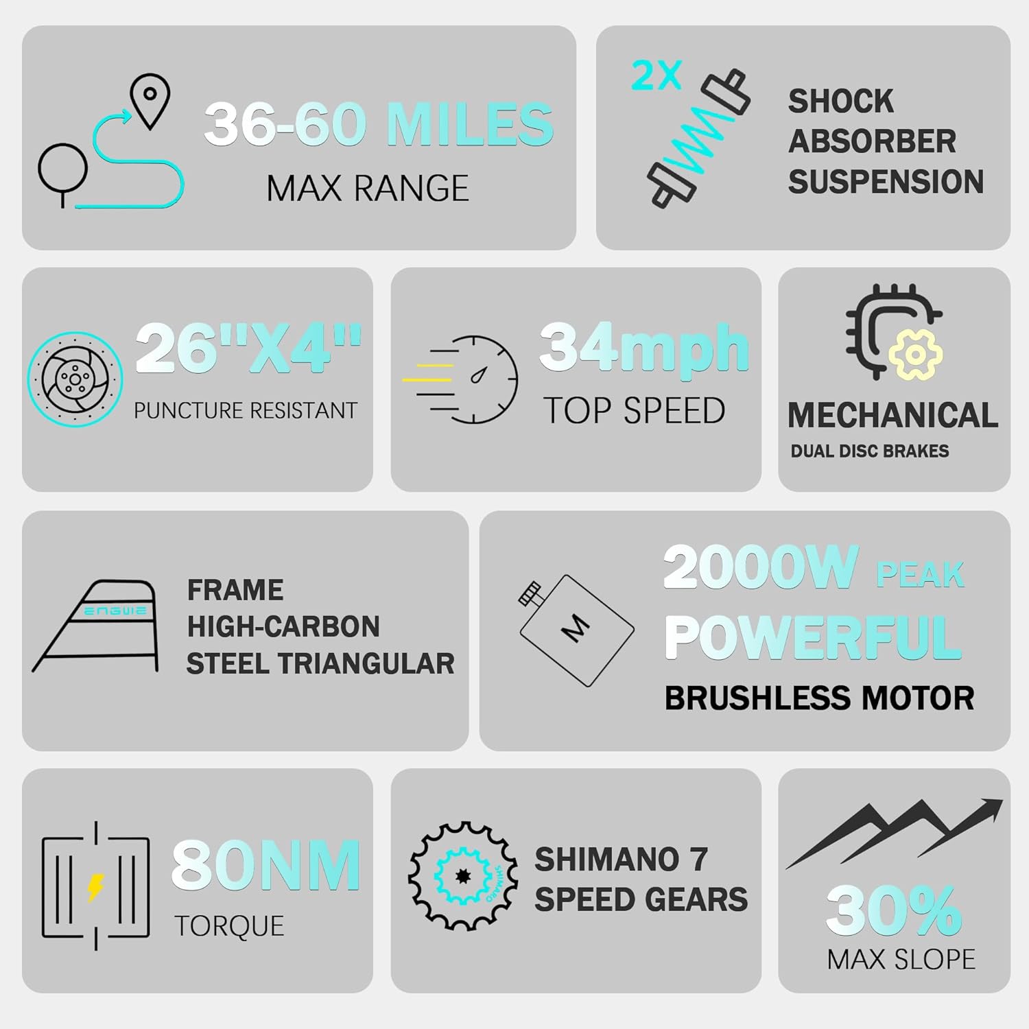 QnQ Vélo électrique, VTT 26 Pouces Pneus Gras, Batterie 48 V 15 Ah, autonomie jusqu'à 40-80 km, Double amortisseurs, Shimano 7 Vitesses, vélo électrique de Plage et de Neige