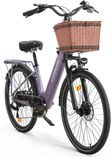 Cysum Vélo électrique Urbain, 26" Adulte City Ebike, électrique Ville Banlieue Classique, Pédalage Assisté, Li-Batterie Amovible 48V 10.4Ah, 499Wh Portée 80-100km, Inclus Panier et Porte-Bagages Violet