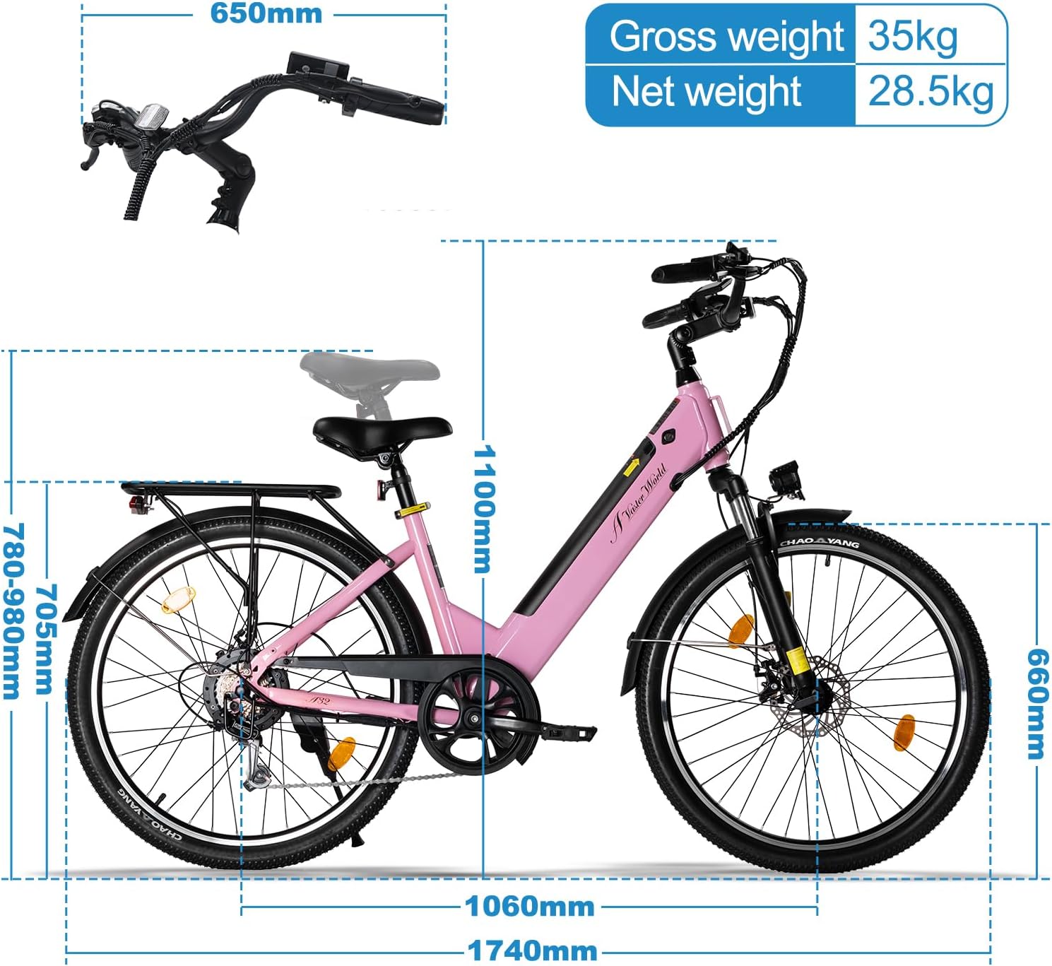 Vélo Électrique Adulte 26 Pouces, VTC Électrique Homme Femme, Vélo Ville 7 Vitesses, Batterie Amovible 36V 12.8Ah, Autonomie 42KM, Suspension Avant, Freins à Disque, Feu LED Avant rose