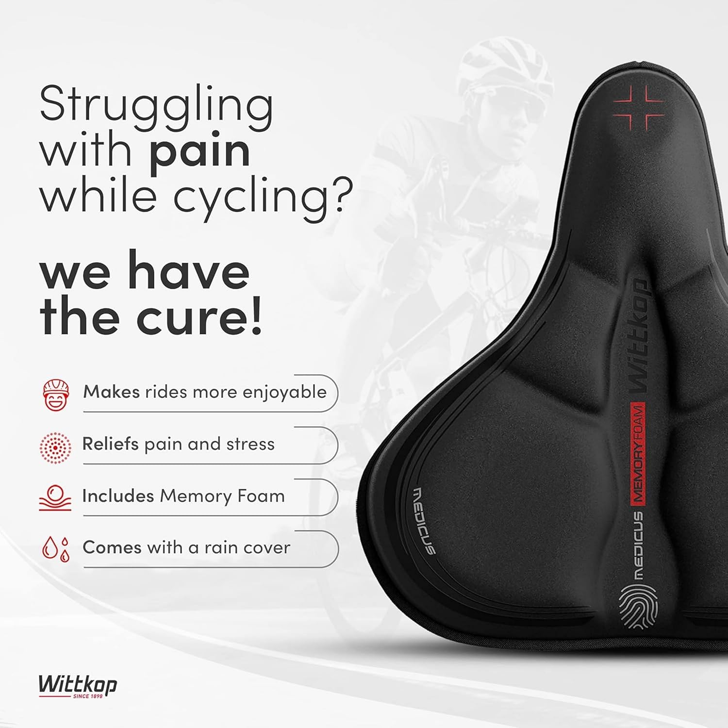 WITTKOP Coussin de Selle de vélo en Mousse à mémoire de Forme Confortable I Housse de Selle de vélo pour Hommes et Femmes avec Concept Ergonomique à 3 Zones VILLE