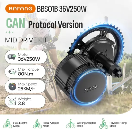 BAFANG 250W 36V BBS01B Moteur Central - Kit de Conversion de Vélo Électrique avec Batterie (Optionnelle) et DPC080 Affichage pour Les Boîtiers de Pédalier de 68 mm et 73 mm, Mid Conversion Kit 8fun BBS01 250W Sans Batterie