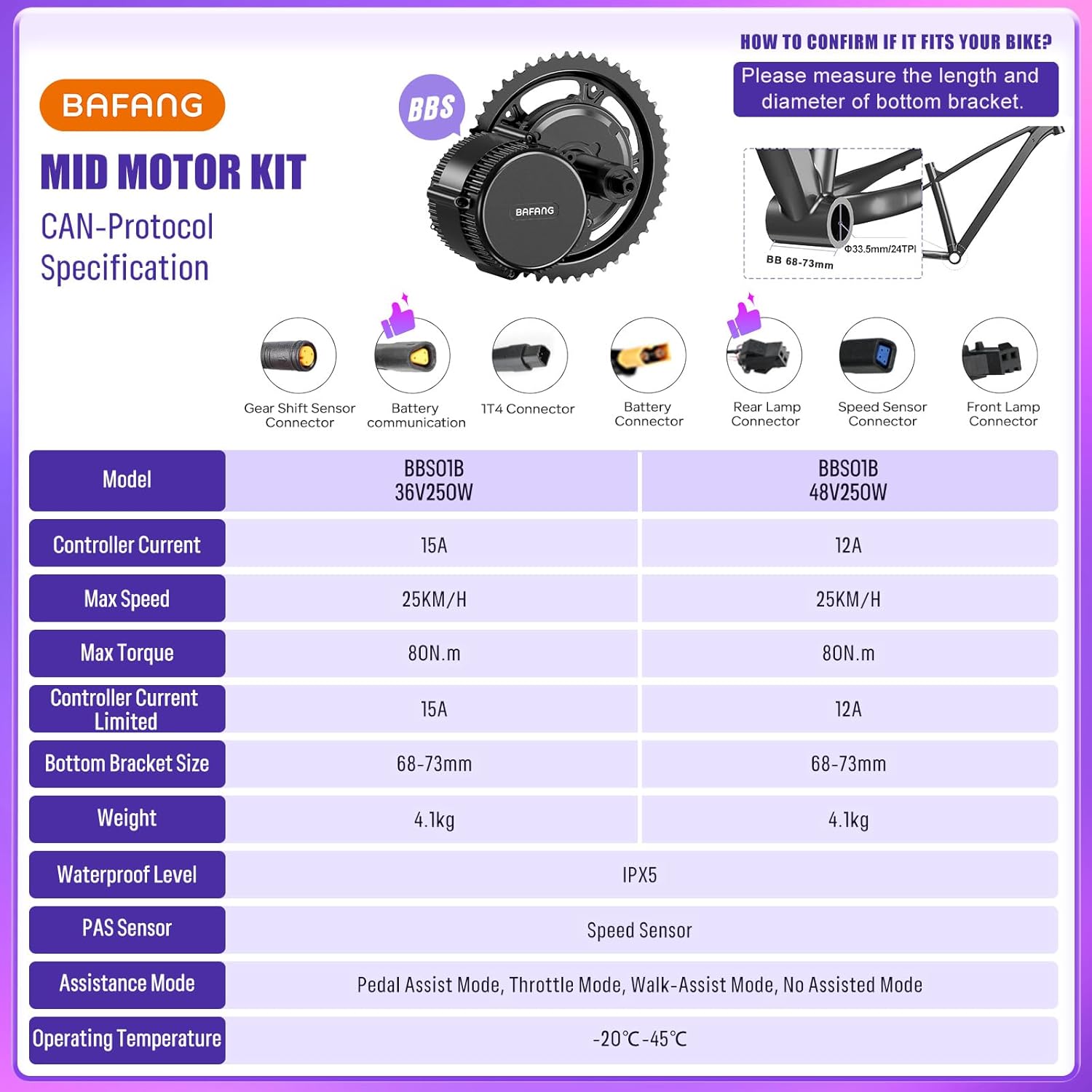 BAFANG 36V 48V 250W Kit de Conversion Velo Electrique à Transmission Centrale - BBS01B BBS02B BBS-HD Affichage Batterie Optionnel - Moteur Central pour Boîtier Pédalier 68-73mm VTT