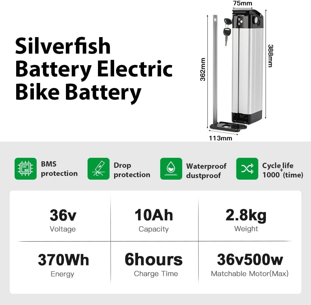 Batterie de Remplacement Vélo Electrique XH370-10J 36V Silver Fish Lithium-ION Battery pour MiFa, Rex, Prophete, Aldi 36V10.4Ah sans Chargeur