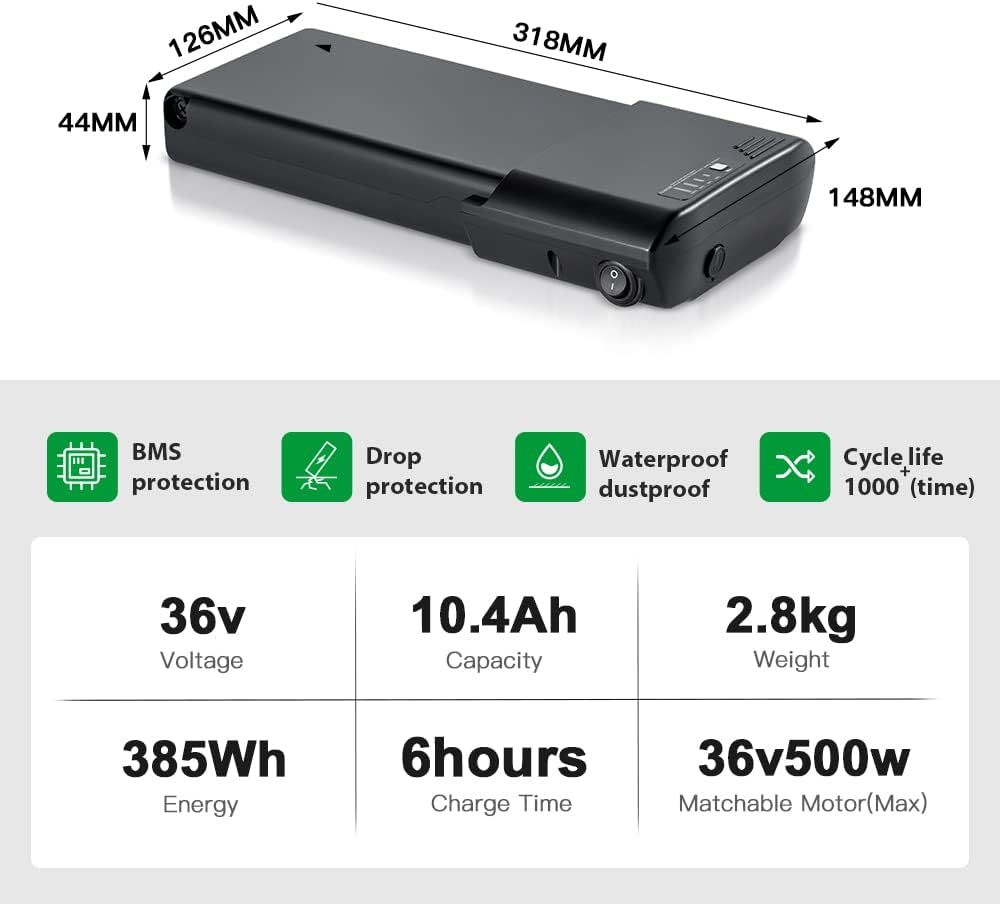 Ebike Batterie 36V 10.4Ah de Vélo Electrique Compatible avec pour E-vélo Mifa, Rehberg, Zündapp, Ansmann