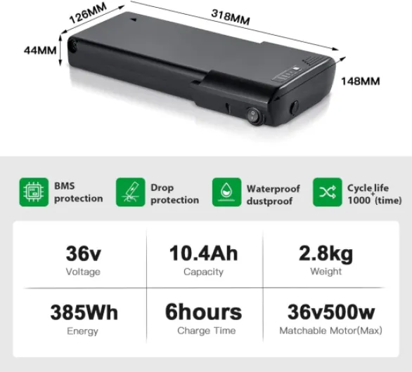 Ebike Batterie 36V 10.4Ah de Vélo Electrique Compatible avec pour E-vélo Mifa, Rehberg, Zündapp, Ansmann