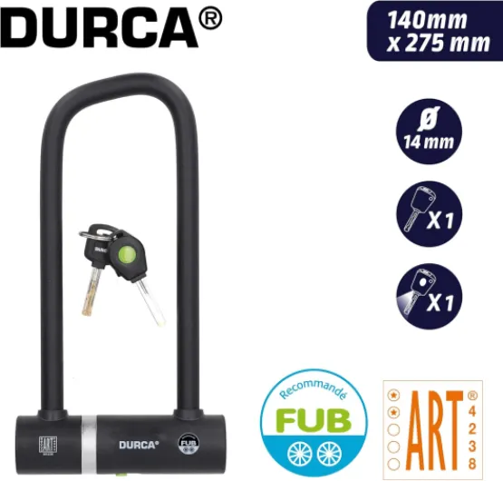 Antivol U Vélo 140x275 mm - Acier Trempé 14 mm - Certifié ART2 et Certifié FUB 2 Roues - Clé Lumineuse - Cache Anti-Poussière - Protection Cadre