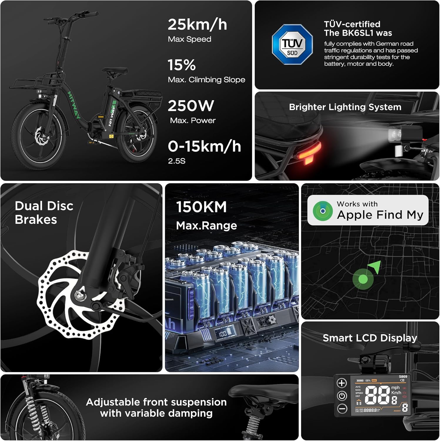 Vélo Électrique Pliant – Batterie Amovible 36V 561Wh, Pneus Larges 20×3 Anti-Crevaison, Suspension Avant/Arrière, Autonomie 70-100KM, pour Trajets Urbains BK6SL1 15.6AH-BLEU