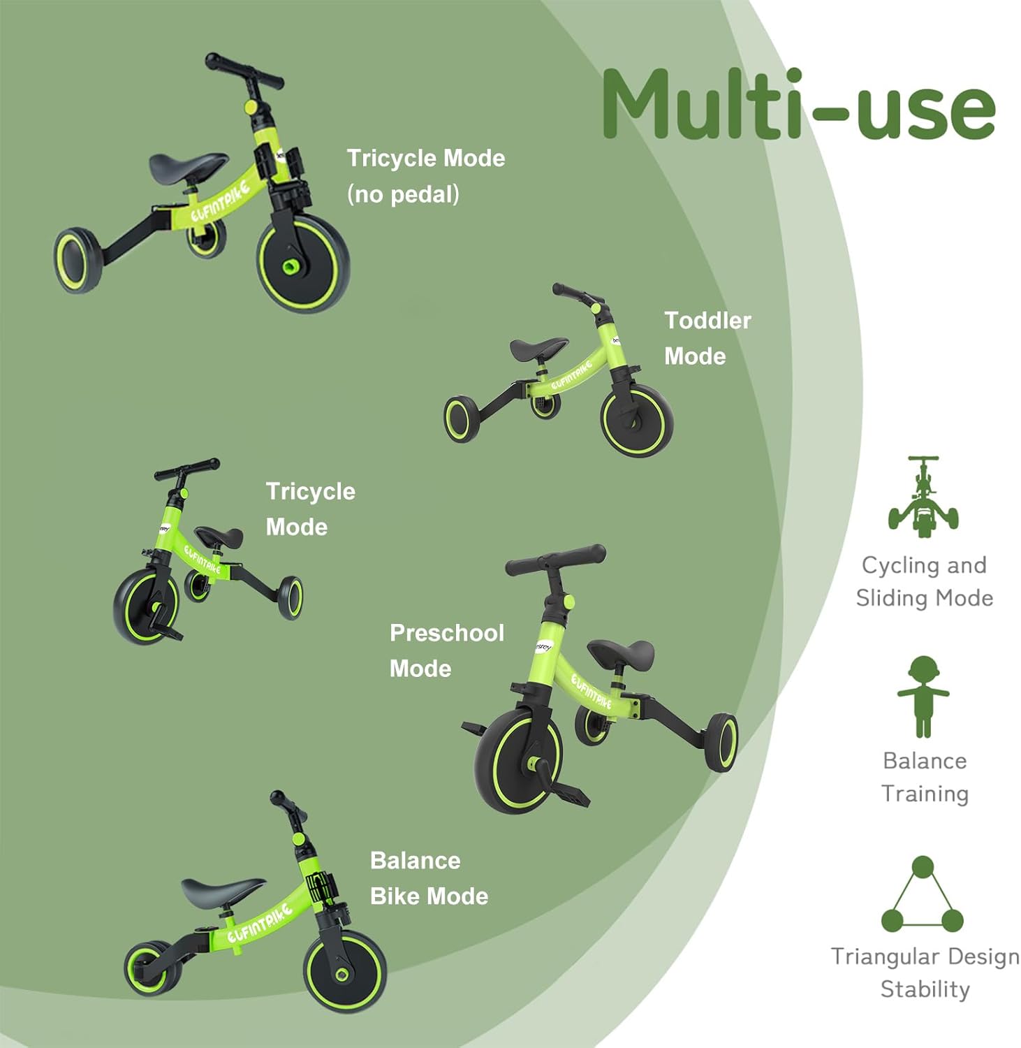 5 en 1 Tricycle Vélo Enfant,Tricycle bébé évolutif 1-4 Ans,Vélo Draisienne,Vélo sans Pédale,Vert