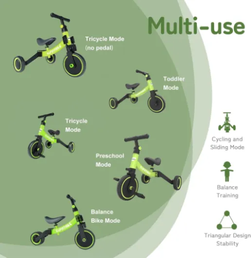 5 en 1 Tricycle Vélo Enfant,Tricycle bébé évolutif 1-4 Ans,Vélo Draisienne,Vélo sans Pédale,Vert